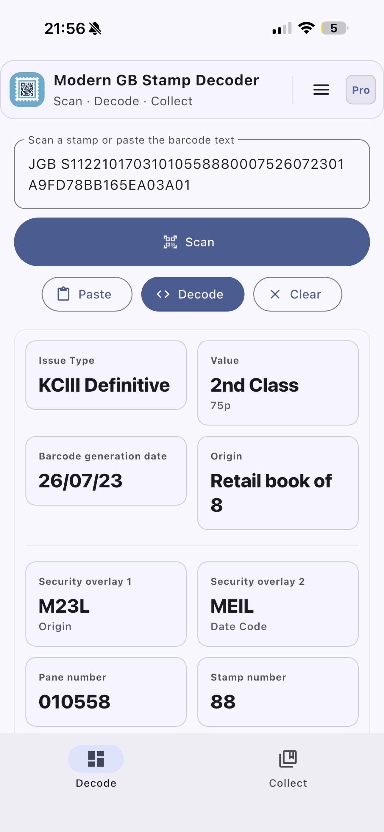 StampDecoder app Decode screen showing fields for a modern GB stamp, including value, barcode generation date, origin, security overlays, pane number and stamp number.