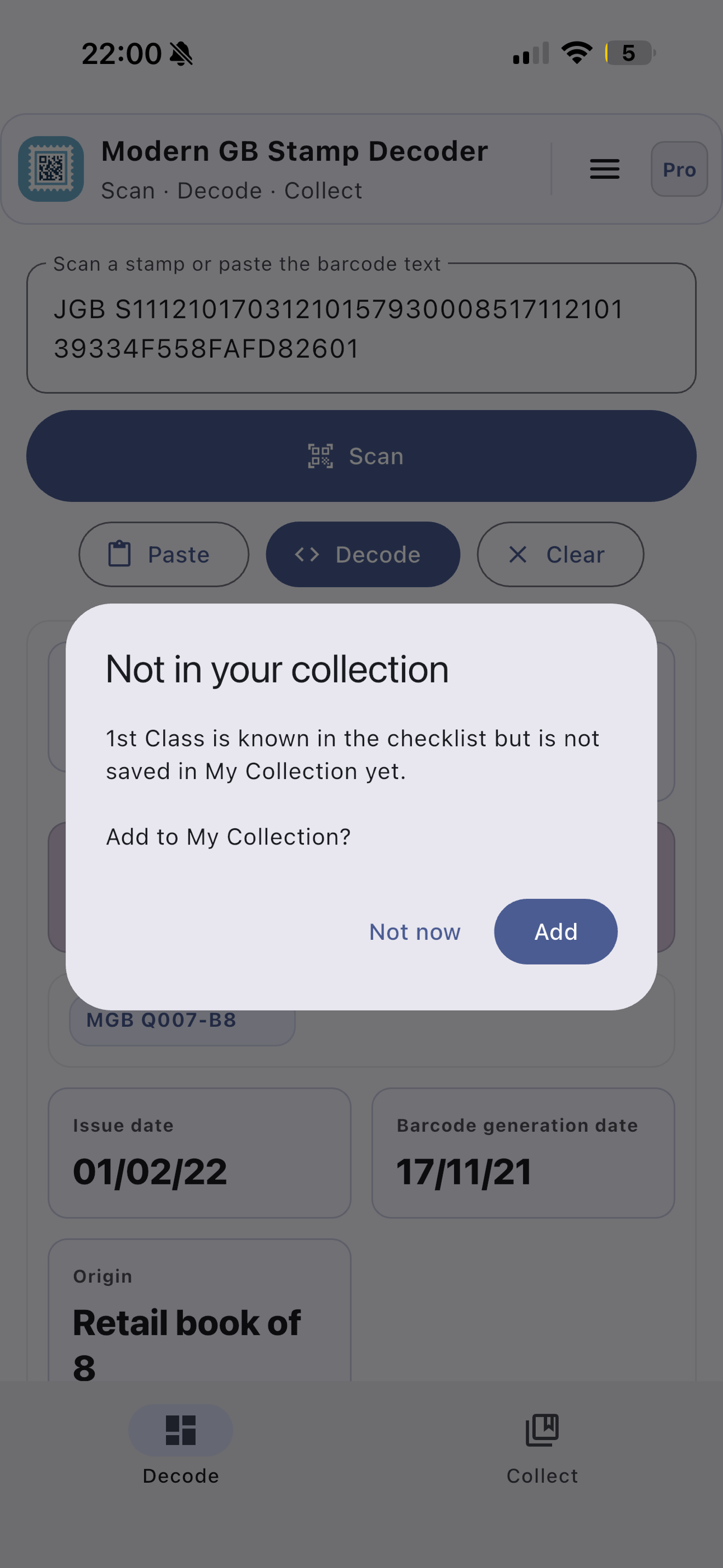 StampDecoder app Full Decode screen showing supplier, version, label action and save-to-collection controls.