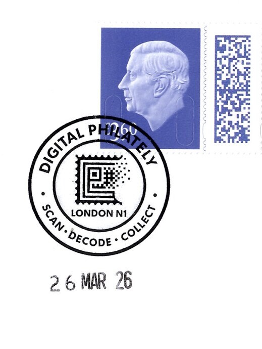 Sponsored Digital Philately London N1 postmark on a modern GB barcoded stamp.